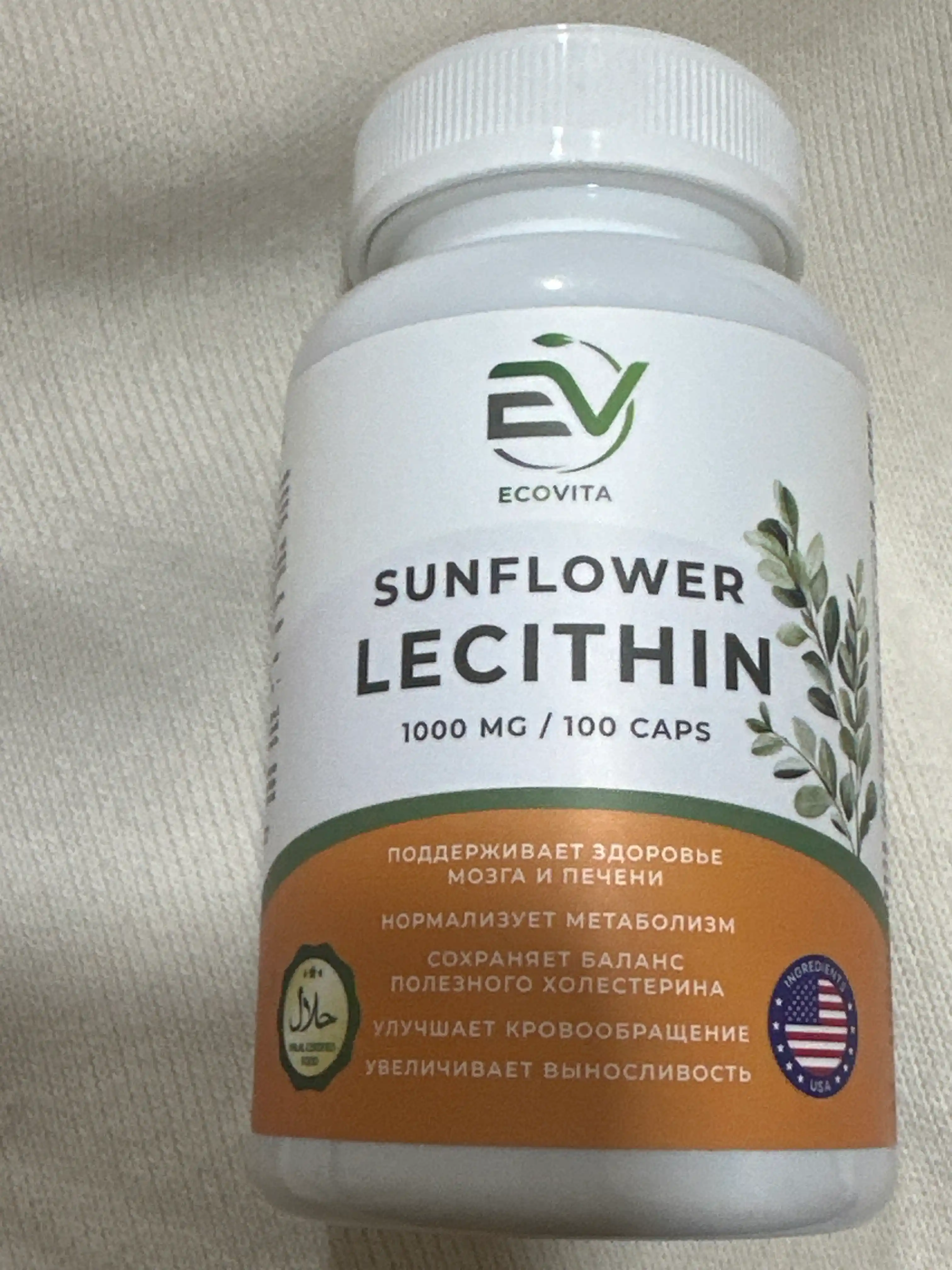 EcoVita, Лецитин 1000 мг, для здоровья печени, мозга и нервной системы, 100 капсул