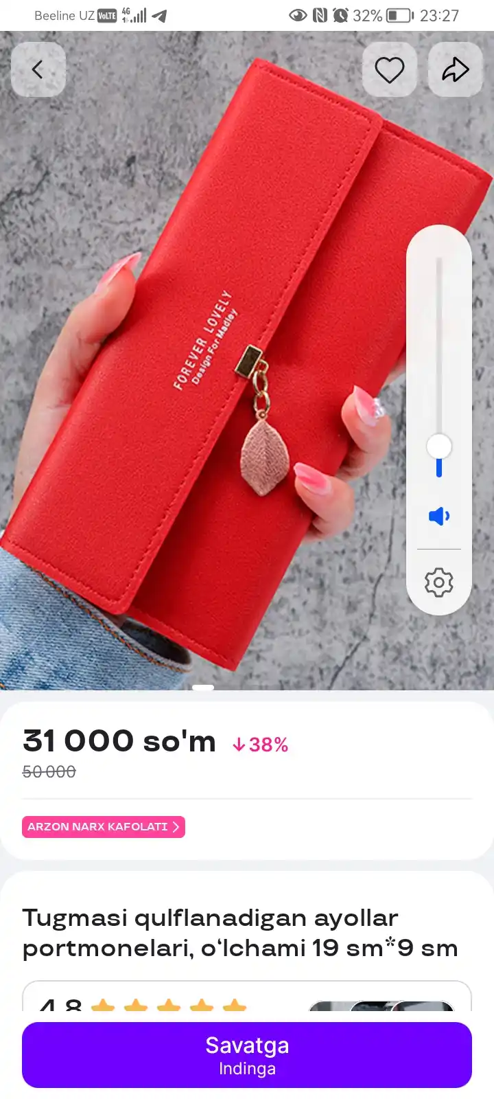 Ayollar hamyoni, qulfli va tugmali, o‘lchami 19 sm*9 sm