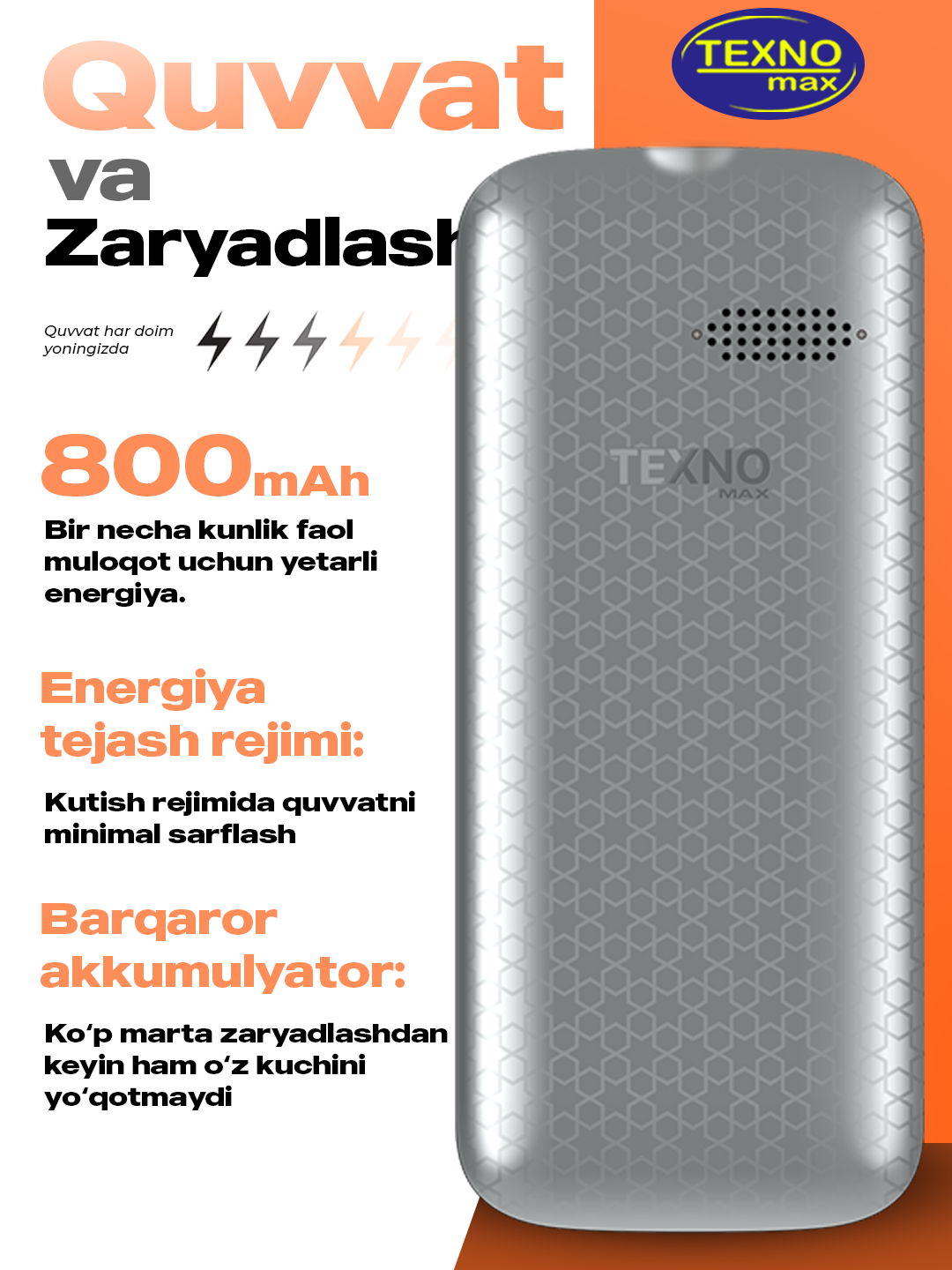 Knopkali Telefon Texnomax 100 Protsessor SPD 6533, 2 sim karta, FM radio, MP3, Ovoz yozish