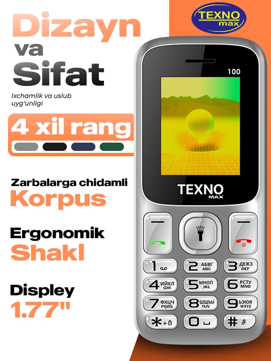 Knopkali Telefon Texnomax 100 Protsessor SPD 6533, 2 sim karta, FM radio, MP3, Ovoz yozish