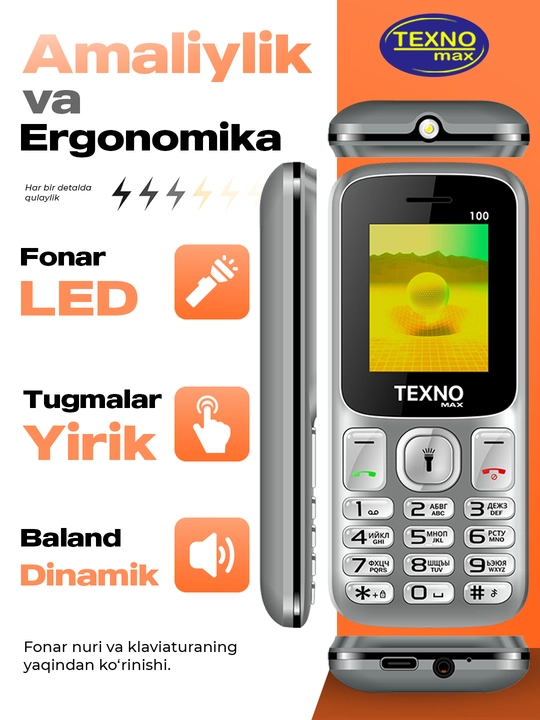 Knopkali Telefon Texnomax 100 Protsessor SPD 6533, 2 sim karta, FM radio, MP3, Ovoz yozish