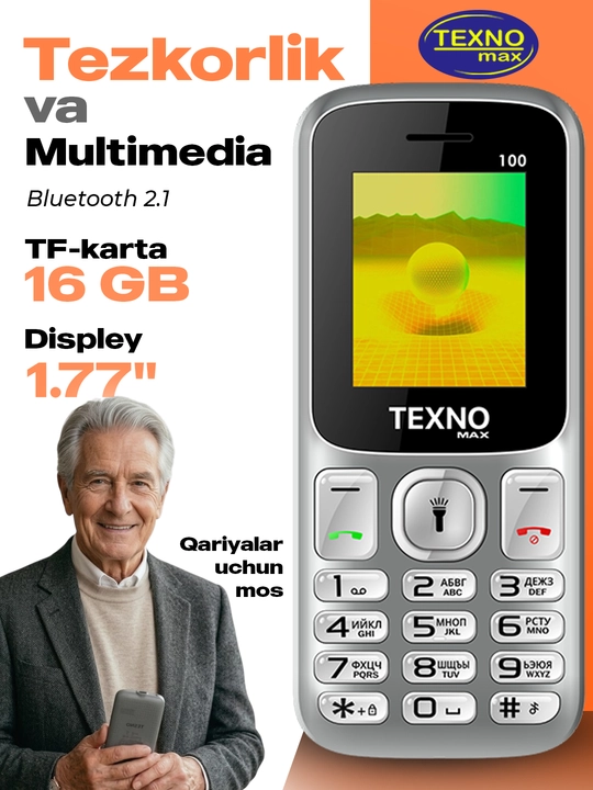Knopkali Telefon Texnomax 100 Protsessor SPD 6533, 2 sim karta, FM radio, MP3, Ovoz yozish
