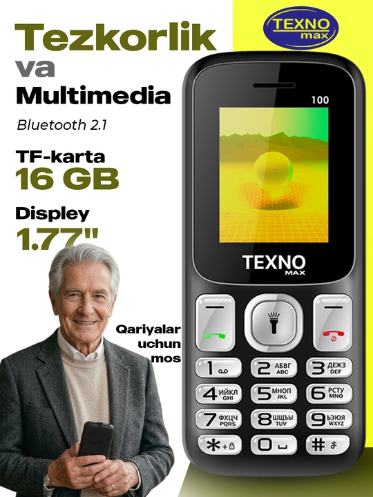 Knopkali Telefon Texnomax 100 Protsessor SPD 6533, 2 sim karta, FM radio, MP3, Ovoz yozish