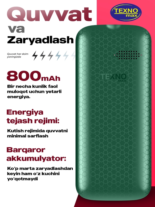Knopkali Telefon Texnomax 100 Protsessor SPD 6533, 2 sim karta, FM radio, MP3, Ovoz yozish