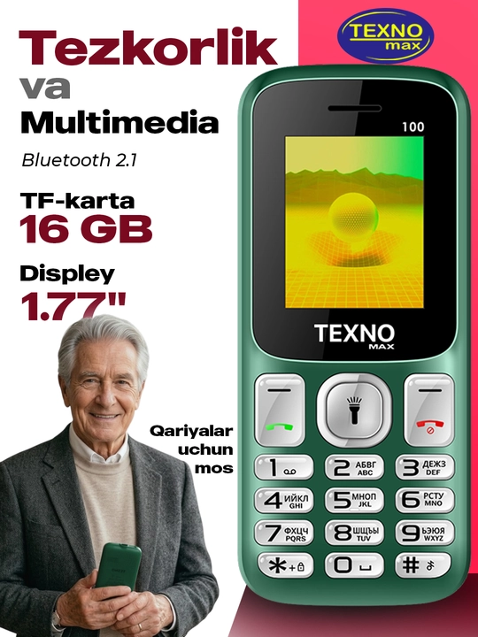 Knopkali Telefon Texnomax 100 Protsessor SPD 6533, 2 sim karta, FM radio, MP3, Ovoz yozish