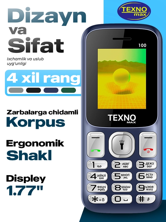 Knopkali Telefon Texnomax 100 Protsessor SPD 6533, 2 sim karta, FM radio, MP3, Ovoz yozish