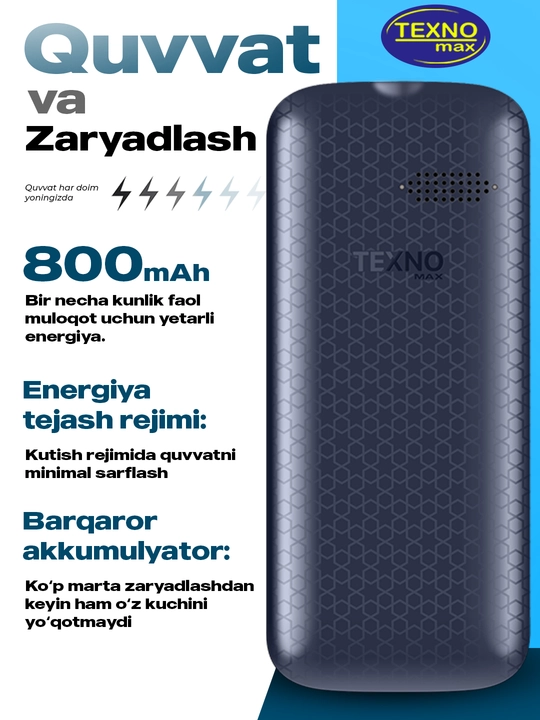 Knopkali Telefon Texnomax 100 Protsessor SPD 6533, 2 sim karta, FM radio, MP3, Ovoz yozish
