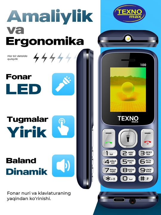 Knopkali Telefon Texnomax 100 Protsessor SPD 6533, 2 sim karta, FM radio, MP3, Ovoz yozish