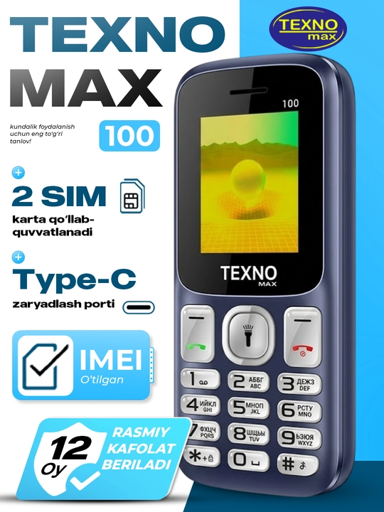 Knopkali Telefon Texnomax 100 Protsessor SPD 6533, 2 sim karta, FM radio, MP3, Ovoz yozish - 