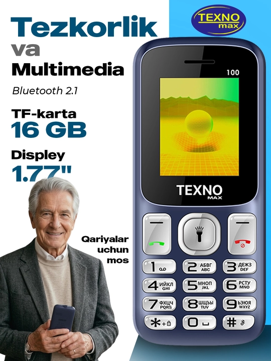 Knopkali Telefon Texnomax 100 Protsessor SPD 6533, 2 sim karta, FM radio, MP3, Ovoz yozish