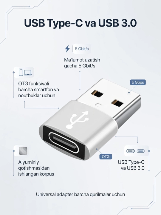 OTG adapter Type-C dan USB 3.0 ga, kompakt konverter, telefon va noutbuklar uchun