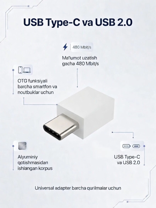OTG адаптер Type-C на USB 3.0, компактный переходник для телефона и ноутбука - 