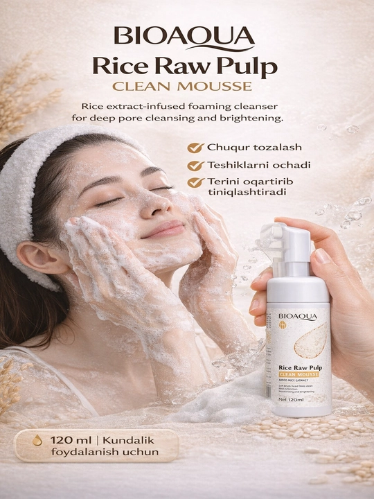 BIOAQUA yuz yuvish ko‘pigi (muss) guruch ekstrakti bilan, silikon cho‘tkali, 120 ml