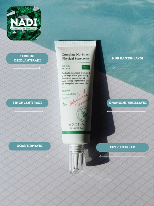 Quyoshdan himoya kremi AXIS-Y Complete No-Stress Physical Sunscreen SPF50+ PA++++, 50 ml
