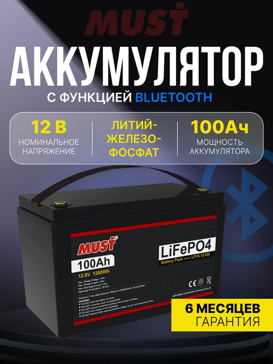 Аккумулятор MUST, LiFePO4, 12.8V, 100AH c функцией Bluetooh - 