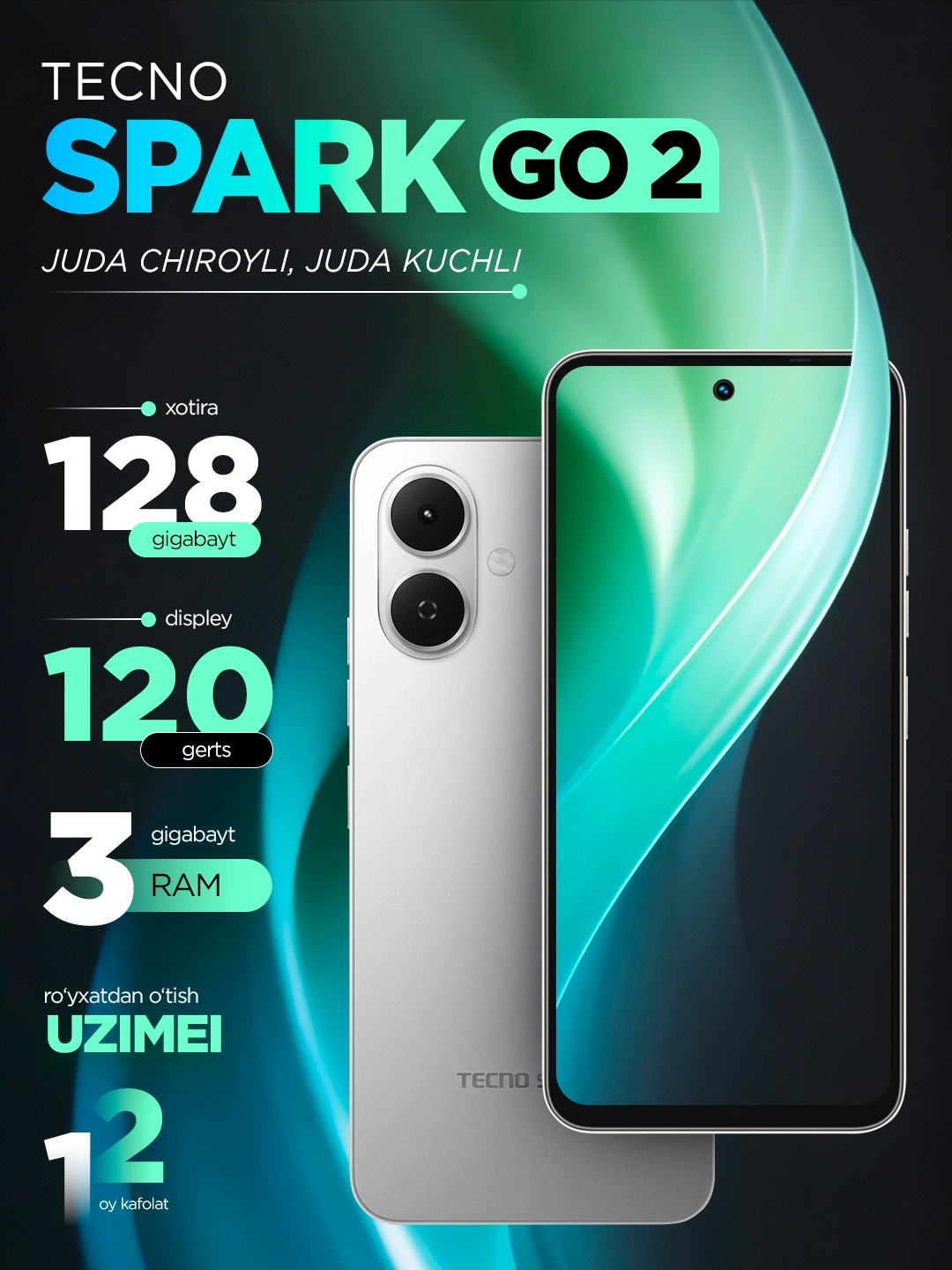 Смартфон Tecno Spark Go 2, экран 6.67″ 120 Гц, батарея 5000 mAh, Android 15 за 1053000 сум со скидкой 31%. Uzum Market