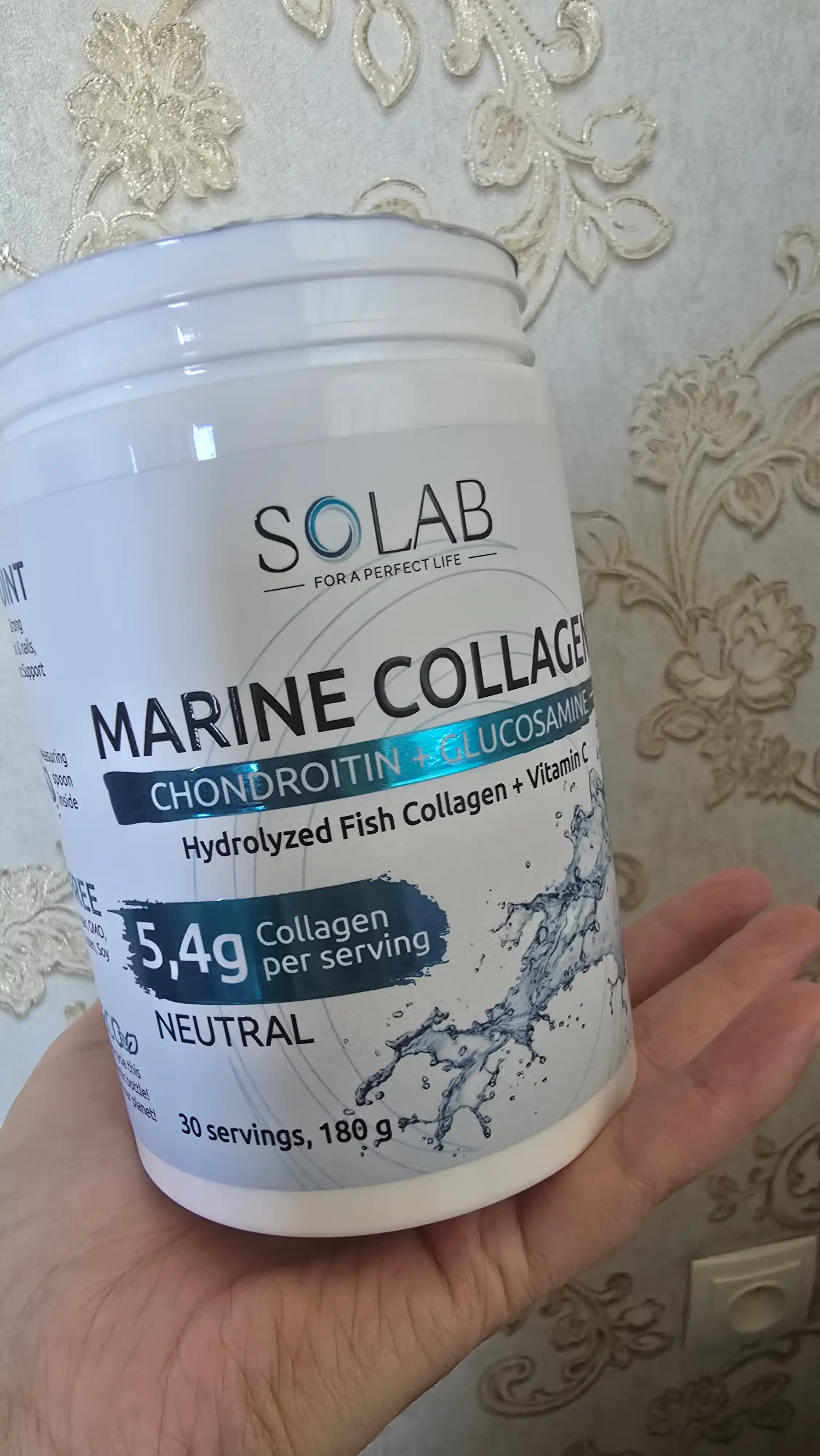 Dengiz kollageni II turi, SOLAB, Xondroitin + Glyukozamin + C vitamini, 180g, 30 porsiya