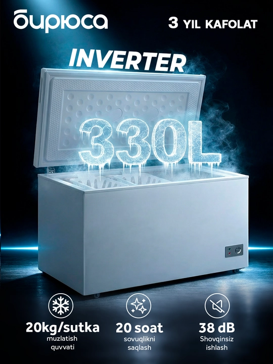 Katta sig'imli gorizontal muzlatgich Biryusa 355KVS, hajmi 330 l, invertor kompressor