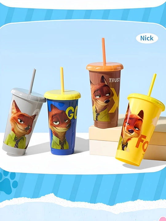 Bolalar uchun plastik stakanlar to‘plami 4 dona qopqoq +trubka Judy,Nick, My Melody Barbie - 