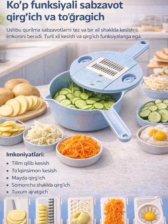 Ko‘p funksiyali sabzavot kesgich va qirg‘ich – oshxona uchun universal yordamchi - 