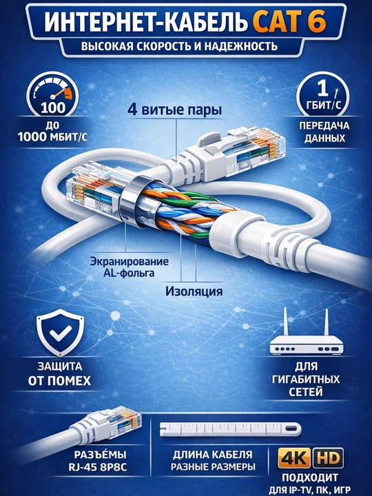 Кабель сетевой LAN Патч-корд UTP Cat6 (1.5м, 3м, 5м, 10м, 15м, 20м, 30м, 50м, 100 метр - 