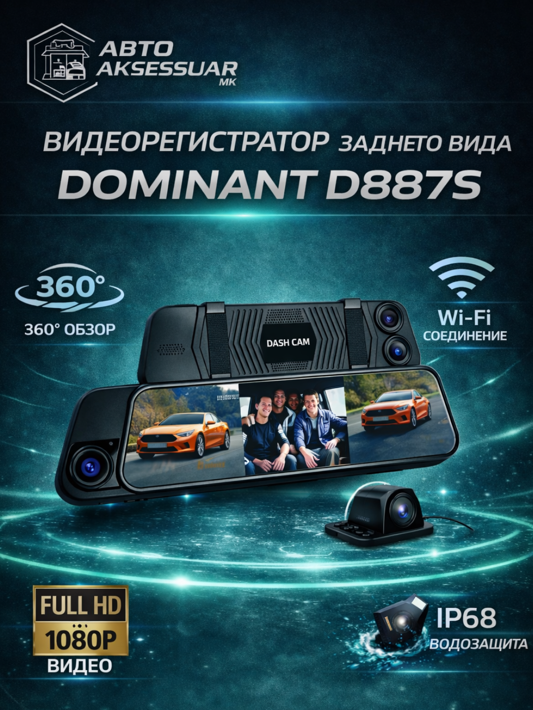 Видеорегистратор DOMINANT D887S 3-камерный, Wi-Fi, 1080P/1080P/720P, с флешкой 32GB