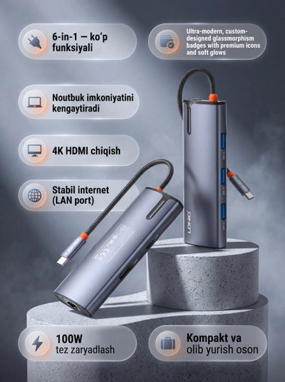 USB хаб (док-станция) LDNIO DS-16H Type-C 6-в-1, HDMI 4K, 3×USB 3.0, RJ45, PD 100W
