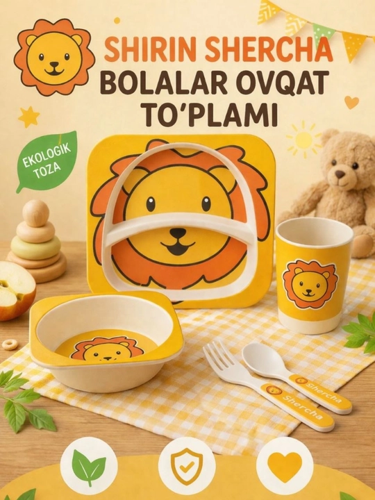 Bolalar idish tavoqlar toplami,Eco bambukdan tayorlangan 5 ta buyum - 