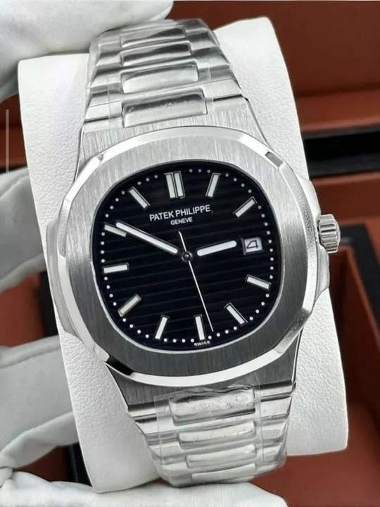 Patek Philippe Nautilus erkaklar uchun po‘lat soat, qora siferblat - 
