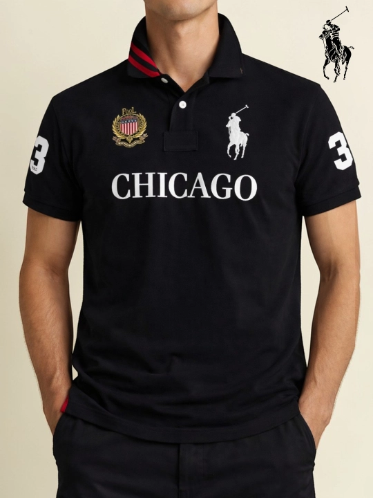 Chicago Los Angeles yozuvi bilan polo futbolka erkaklar uchun — Old Money uslubida casual