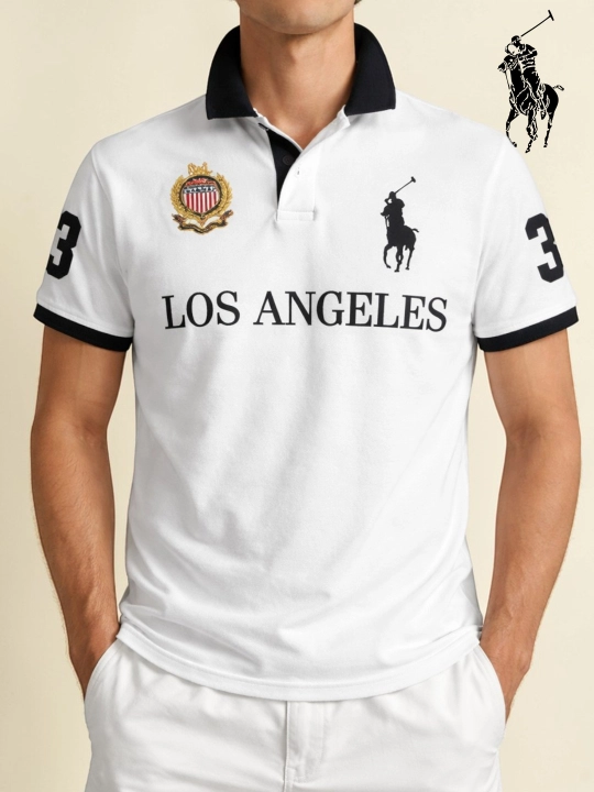 Chicago Los Angeles yozuvi bilan polo futbolka erkaklar uchun — Old Money uslubida casual