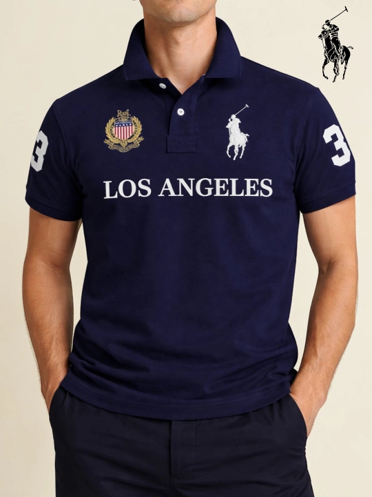 Chicago Los Angeles yozuvi bilan polo futbolka erkaklar uchun — Old Money uslubida casual