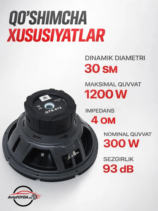 JBL GT5-S12 1200 Vt, 12 duymli, kuchli chuqur bass avtomobil sabvuferi