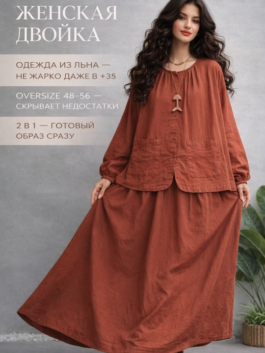 Женская одежда костюм 2 в 1 из льна, оверсайз, рубашка + длинная юбка, летний комплект 48–56 - 