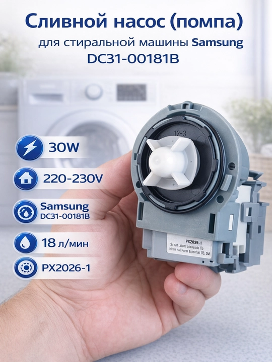 Сливной насос (помпа) для стиральной машины Samsung DC31-00181B, 30W, 220V - 