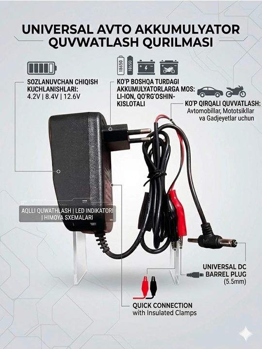 Universal avtomatik batareya zaryadlovchi ANLIXUN (6V / 9V / 12V, 2A) - 