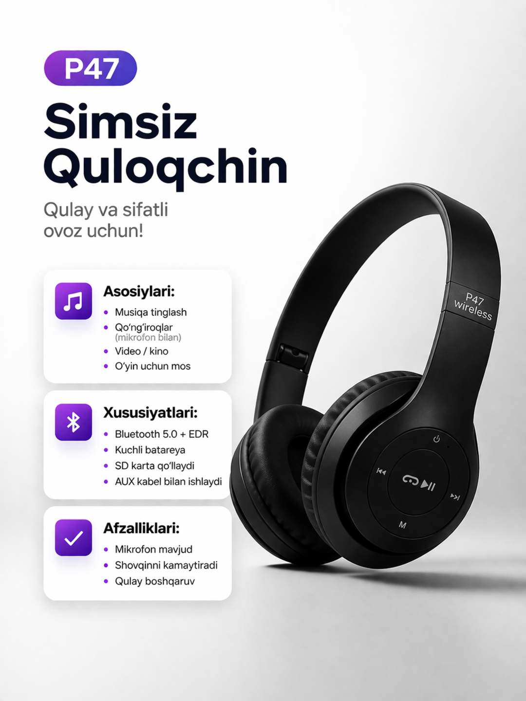 Simsiz quloqchinlar P47, Bluetooth 5.0, yig'iluvchan, mikrofon bilan, shovqinsiz - 