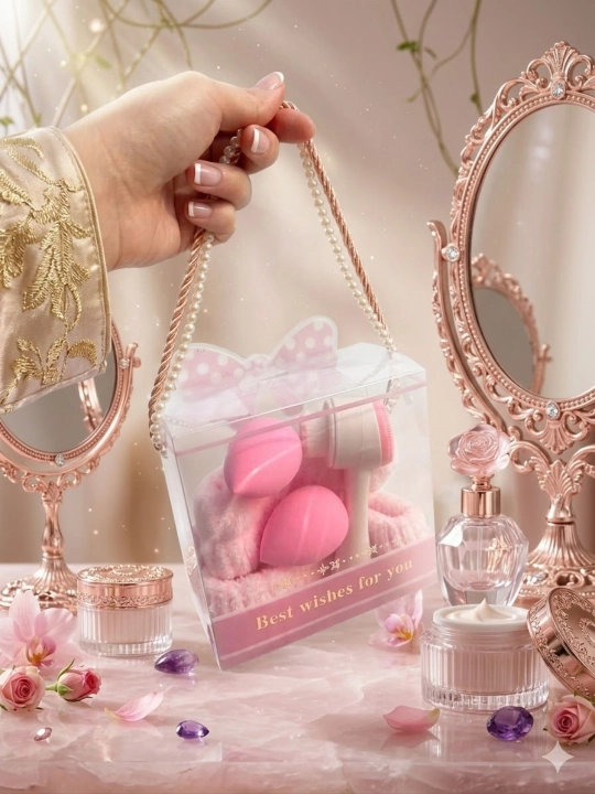 Makiyaj aksessuarlari sovg‘a to‘plami, beauty blender va yuz tozalash cho‘tkasi - 