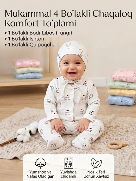 Interlok matodan chaqaloqlar uchun 4 talik komplekt, yumshoq 100%paxta