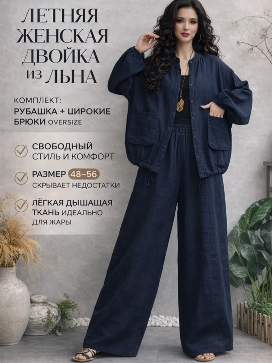 Летняя женская двойка одежда из льна брюки+рубашка костюм oversize оверсайз стандарт 48–56 - 
