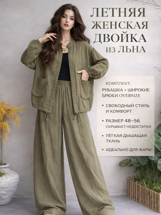Летняя женская двойка одежда из льна брюки+рубашка костюм oversize оверсайз стандарт 48–56 - 