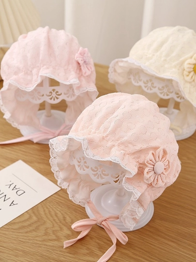 Детский чепчик для девочек 0–3 лет, кружевной капор с завязками baby bonnet
