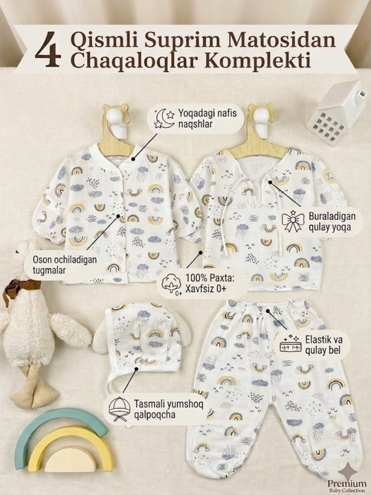Suprim matodan 0-3 oylik chaqaloqlar uchun 4 talik komplekt, 100% yumshoq paxtadan - 