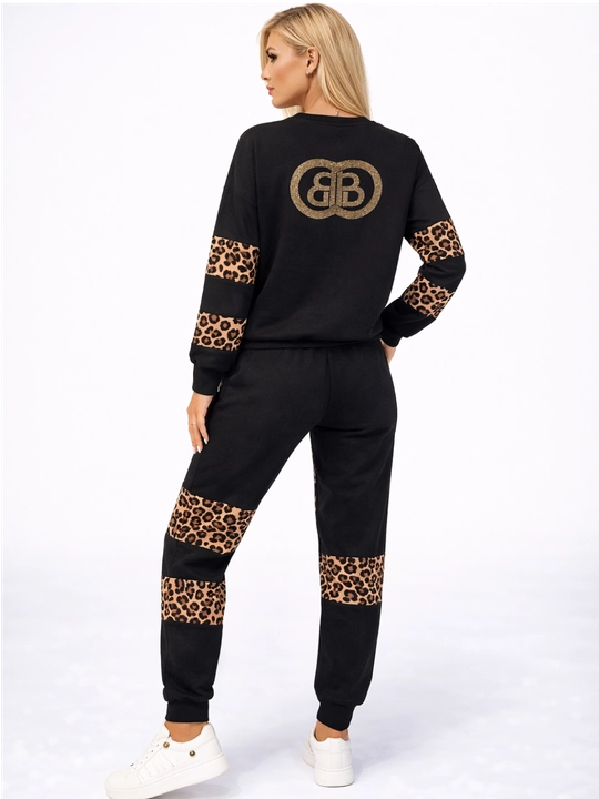 Ayollar sport kostyumi (kofta va shim), leopard naqshli, qora