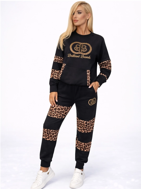 Ayollar sport kostyumi (kofta va shim), leopard naqshli, qora - 