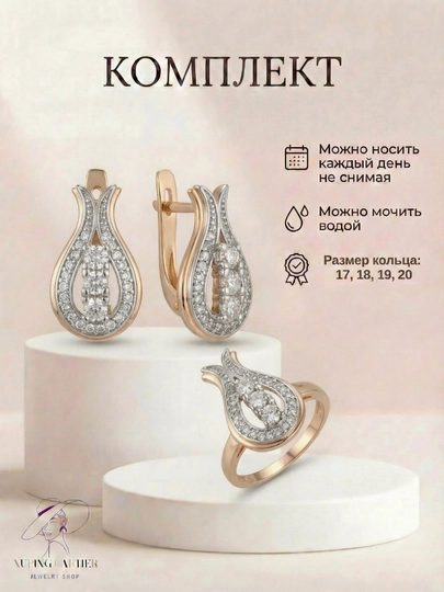 Набор украшений Xuping Stainless Steel, серьги, кольцо, в подарочной коробке — CARTEIR-NABOR2025-МЕНТОЛ-Nab18