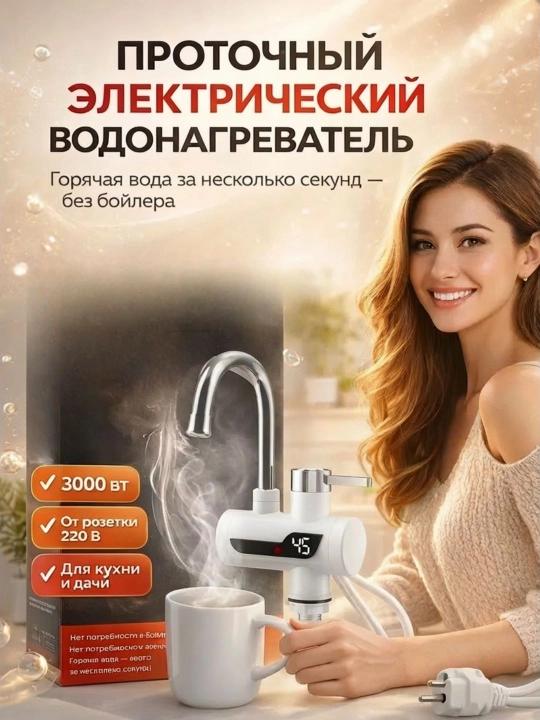 Электрический смеситель для раковины, душа и умывальника, мгновенный электрический нагрев - 