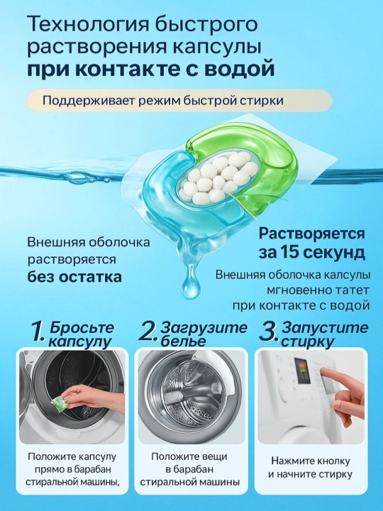 Капсулы для стирки 3 в 1: отбеливание, мягкость и длительный приятный аромат