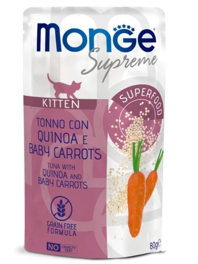 Влажный корм для котят Monge Supreme с тунцом, киноа, мини-морковью 80 грамм