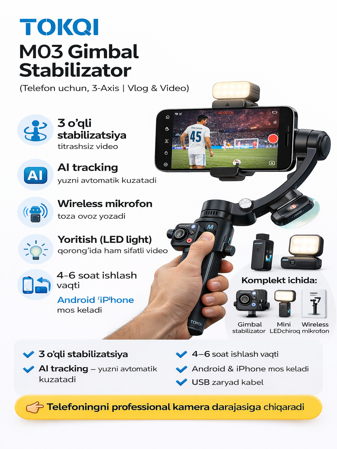 M03 3-Axis Telefon stabilizatori AI kuzatuv va mikrofon bilan